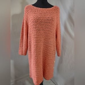 J. Jill Women's Shrimp Pink Crochet Sheer Mini Dress/Long Sweater Size Large